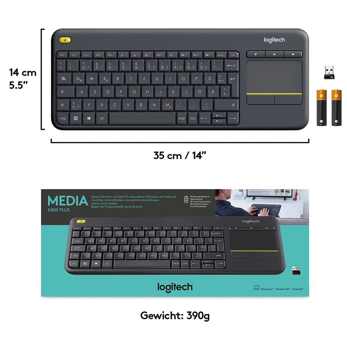 Logitech K400 Plus - Draadloos Touch Toetsenbord US-Internationaal
